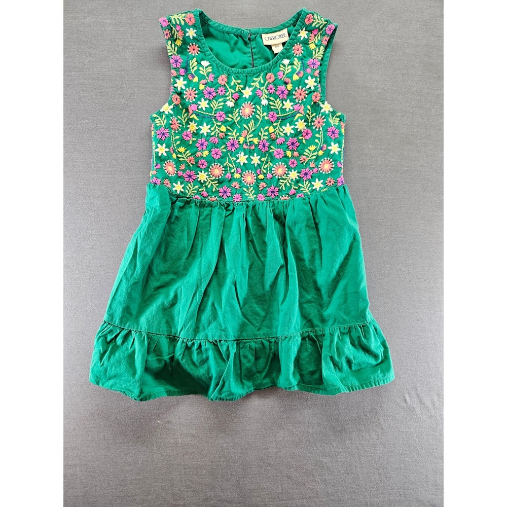 Cherokee Girls Green Embroidered Floral Boho Sleeveless Ruffle Dress Size S 6/6X
